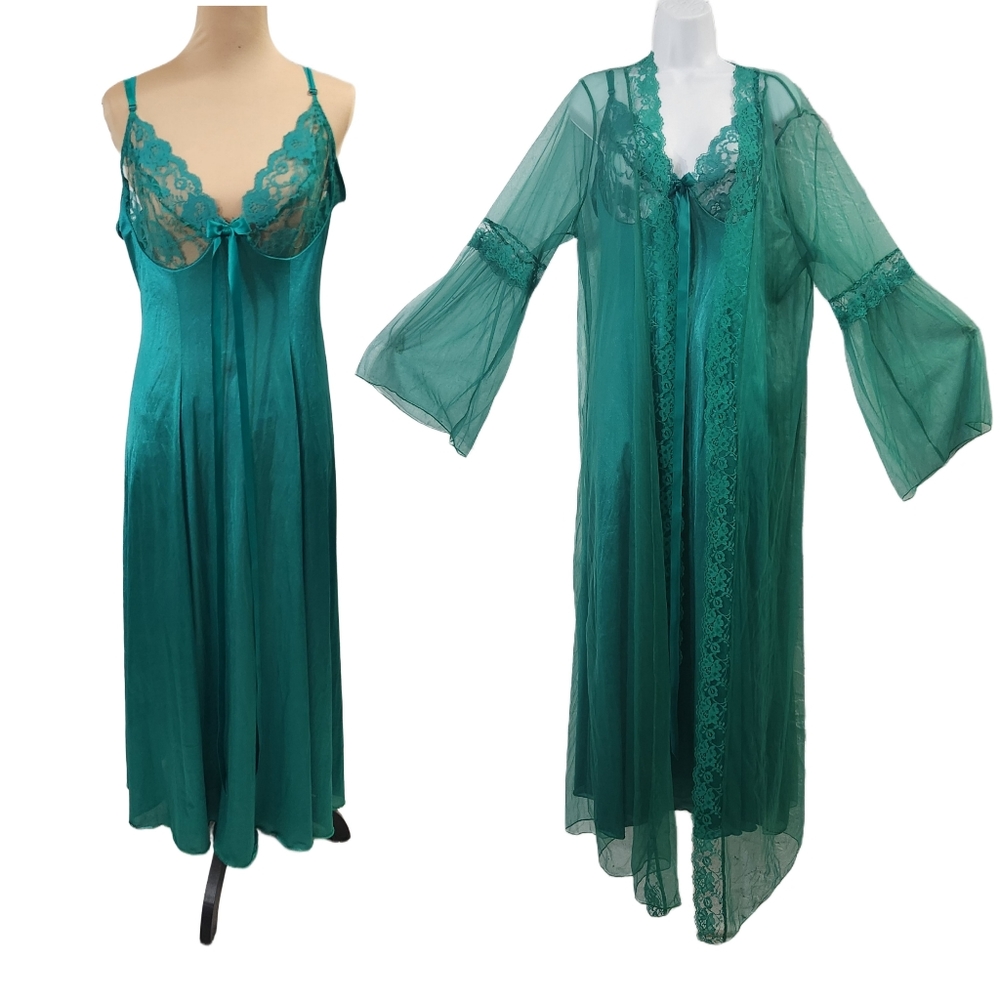 Vintage Teal Slip and Sheer Robe Set